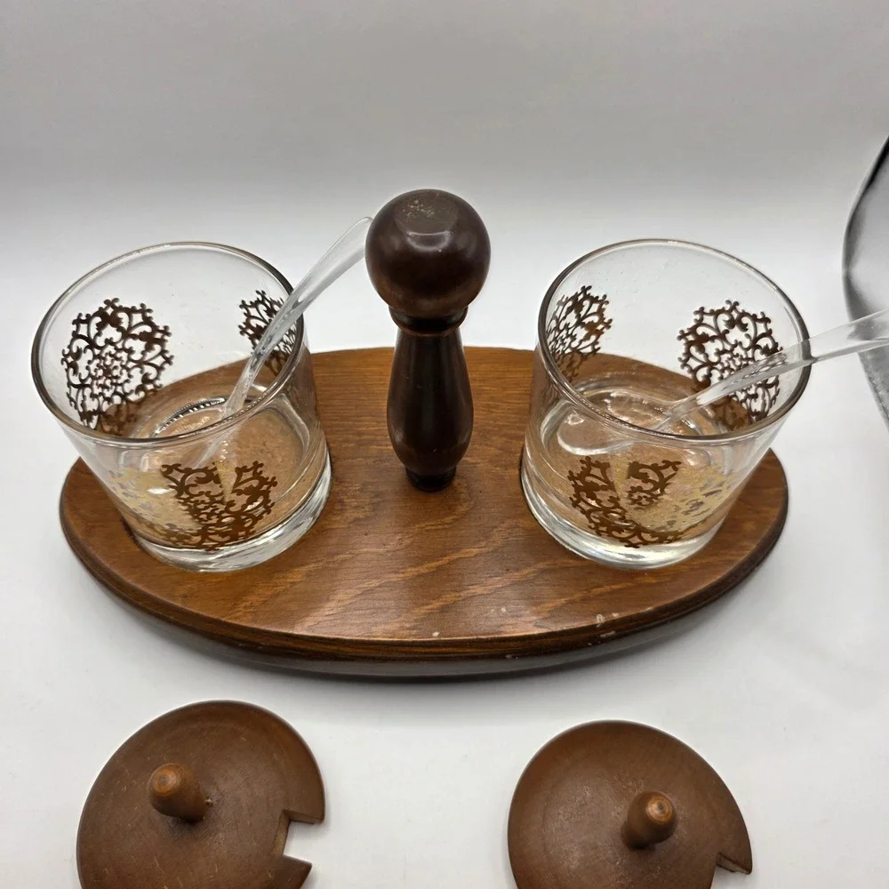 Vintage Mid Century Condiment Set Gold Filigree Glass Jars Wood Tray Spoons